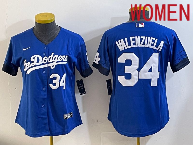 Women Los Angeles Dodgers 34 Valenzuela 2024 blue jersey 2024112014